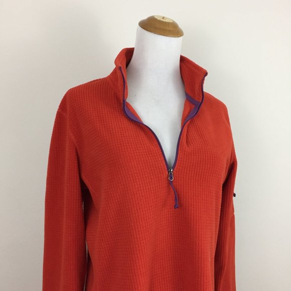 ORVIS Trout Bum Red/Orange'ish Zip Pocket Sleeve Purple Trim Fleece Jacket - Picture 5 of 8
